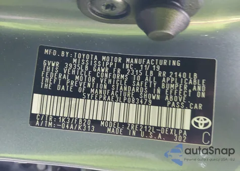 2020 Toyota Corolla Le z USA, uszkodzony, nr VIN 5YFEPRAE3LP083479